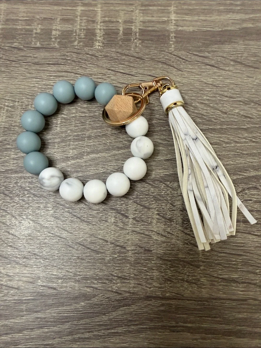 Gray & White Beaded Tassel Keychain Bracelet